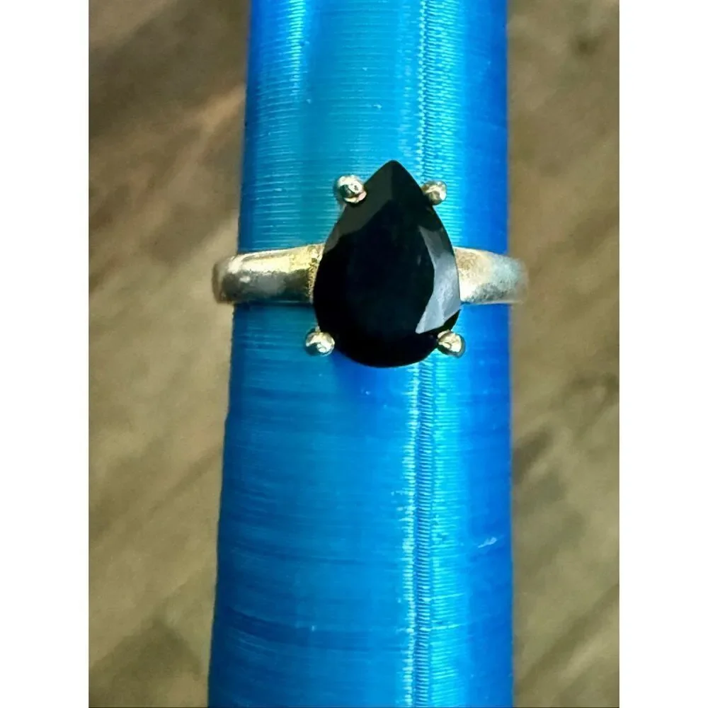 Faceted Pear Shaped Black Onyx Solitaire 925 Sterling Silver Ring Natural Simple
